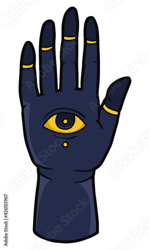 Mystical symbol. Hand with an eye. Black and gold. 