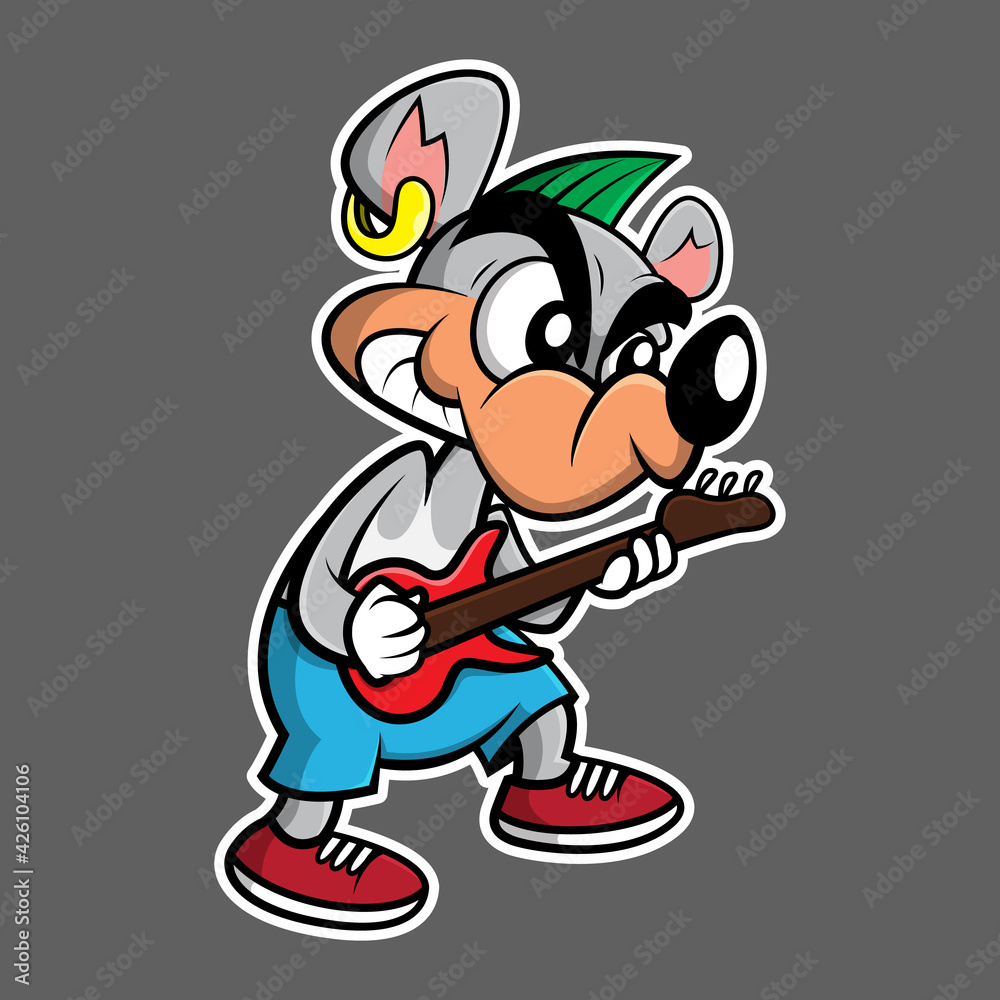Funny mouse cartoon character wearing like a rock star style while playing electric guitars, best for mascot or logo of instrument product or toys for kids Funny mouse cartoon character wearing like a rock star style while playing electric guitars, best for mascot or logo of instrument product or toys for kids