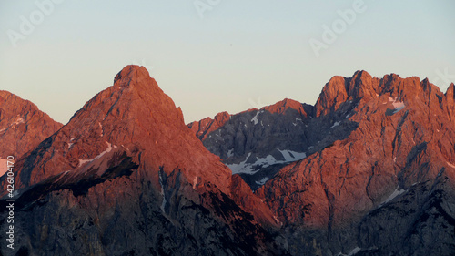 Sunset at Zugspitze mountain and Ehrwalder Sonnenspitze mountain in Tyrol, Austria