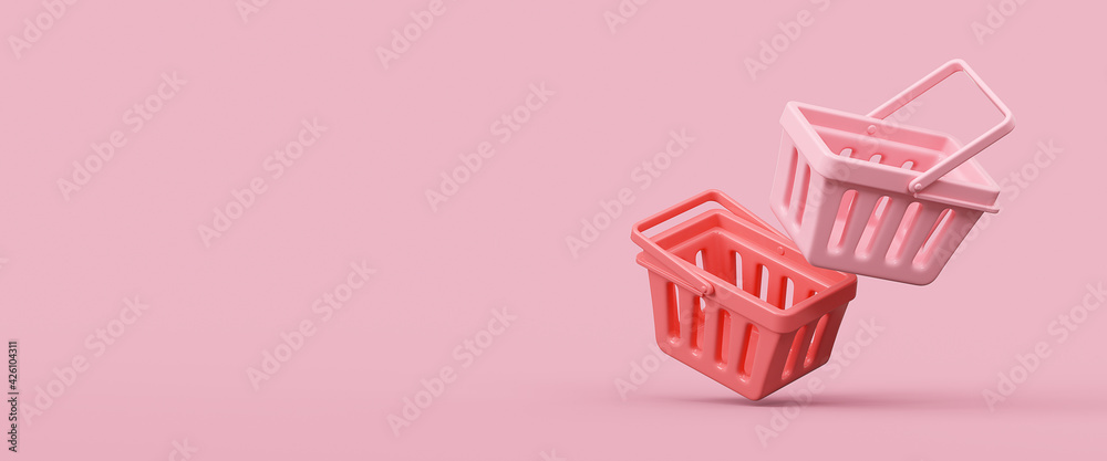 Empty shopping baskets on pink background. 3d rendering illustration. Empty shopping baskets on pink background. 3d rendering illustration.