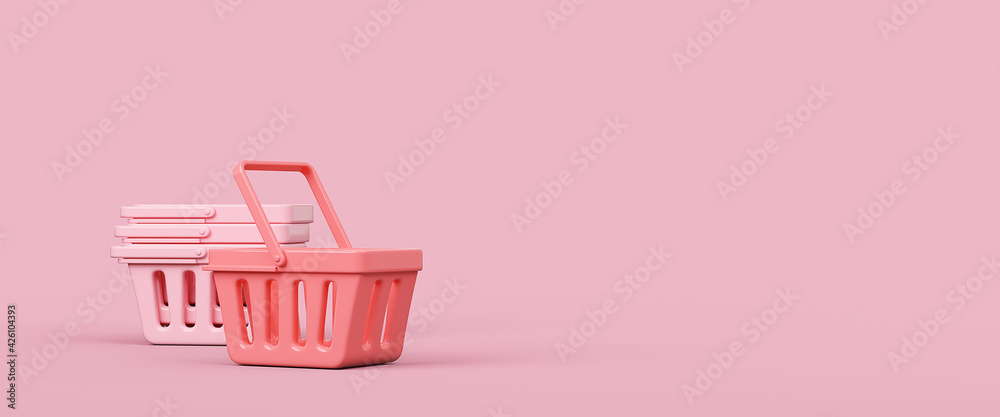 Empty shopping baskets on pink background. 3d rendering illustration. Empty shopping baskets on pink background. 3d rendering illustration.