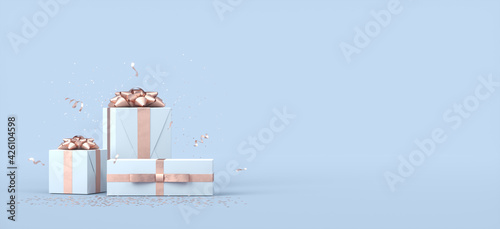 Realistic gift boxes composition with empty space. 3d rendering illustration. 