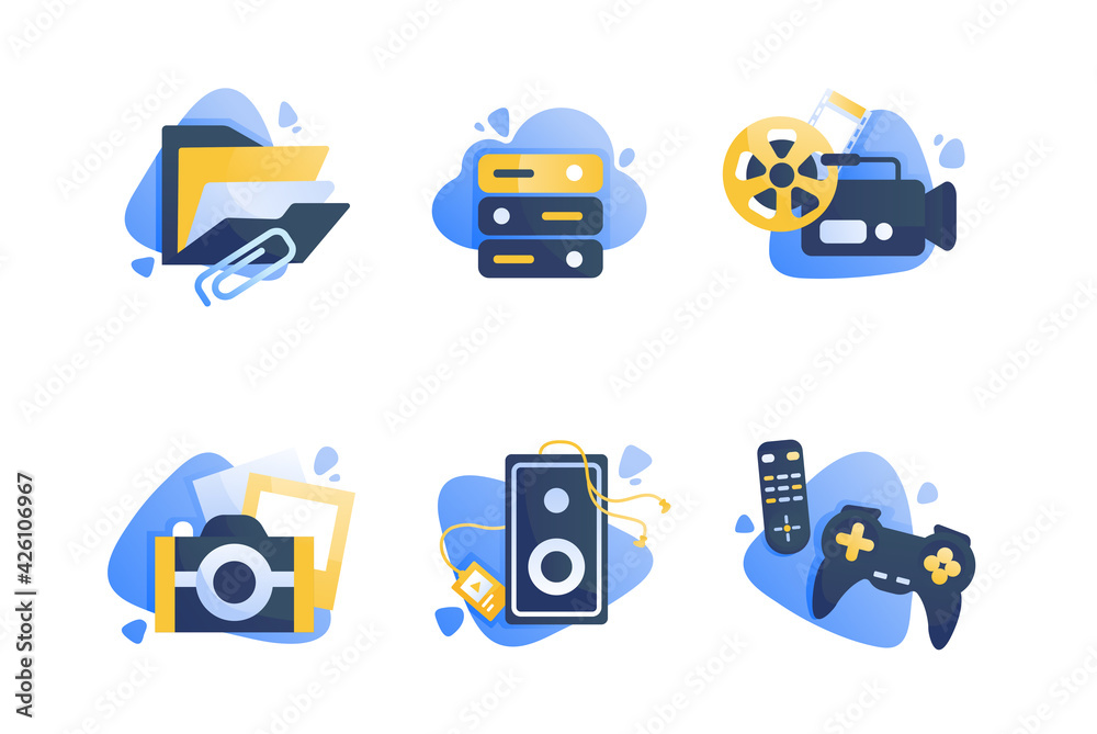 Naklejka premium Set icons with multimedia, folder, camera, cinema, remote controller, joystick.