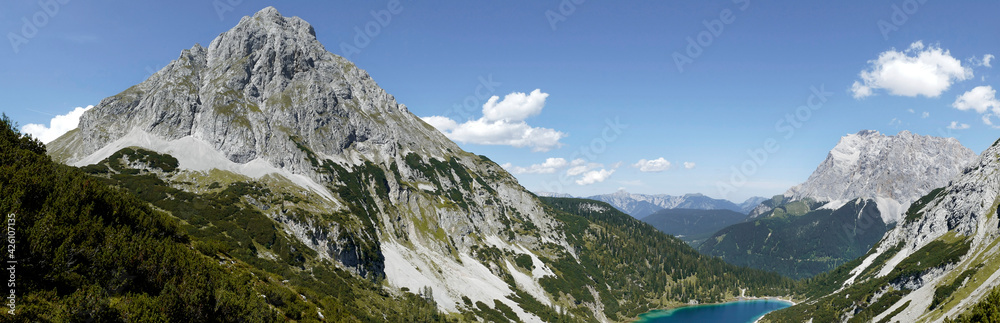 Zugspitze mountain and lake Seebensee view in Tyrol, Austria