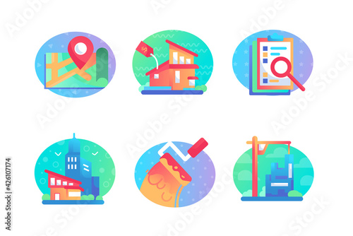 Set icons with sale, bulding, house, map, contract.