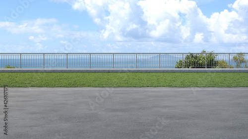 Gray concrete footpath on green grass garden in modern city park. Road 3d rendering with beach and sea view.
