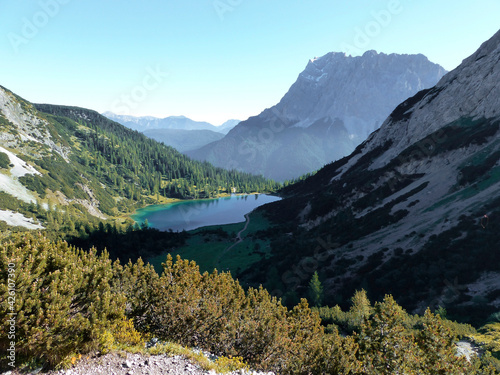 Zugspitze mountain and lake Seebensee view in Tyrol  Austria
