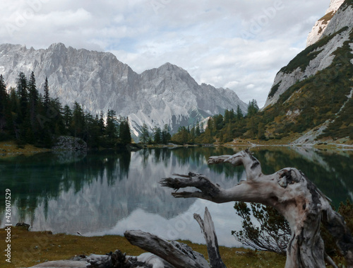 Zugspitze mountain and lake Seebensee view in Tyrol, Austria