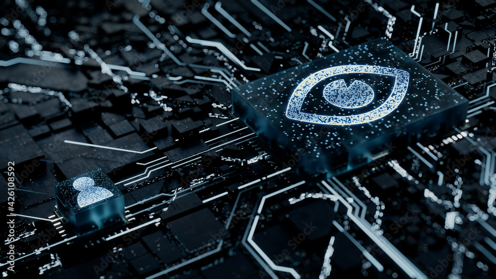 Vision Technology Concept with eye symbol on a Microchip. White Neon ...