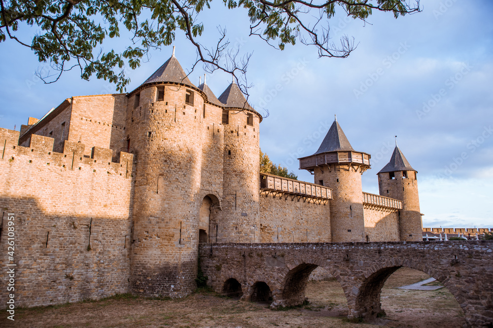 Beautiful old castle of Carcassonne and historic bridge.