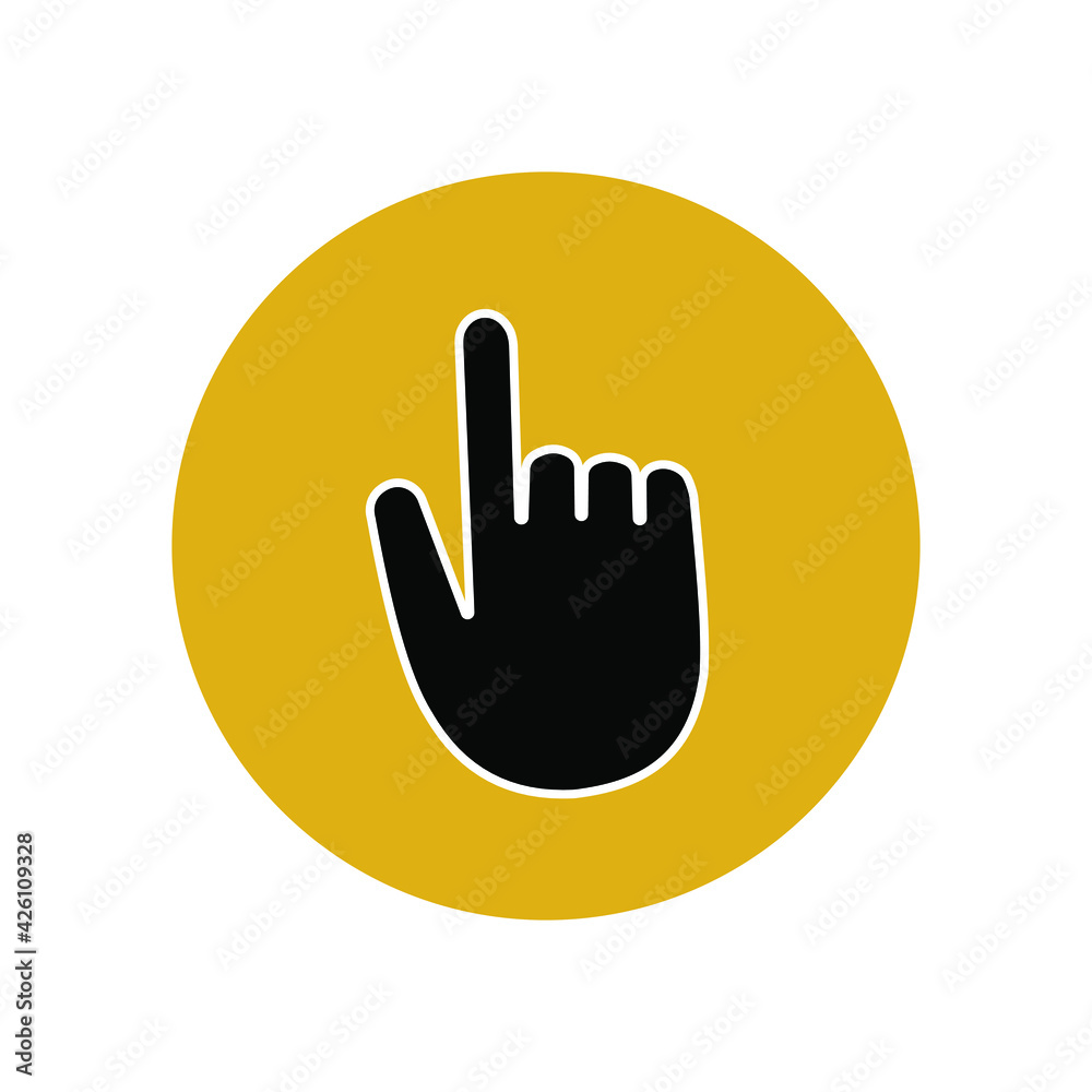 Obraz premium Hand pointer icon in yellow circle. Mouse navigator for computer. Application user button in smartphone. Vector graphics.