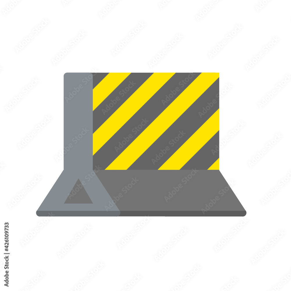 Road block. Highway fencing. Stone heavy object. Adjustment of traffic. Grey fence with yellow stripes. Road block. Highway fencing. Stone heavy object. Adjustment of traffic. Grey fence with yellow stripes.
