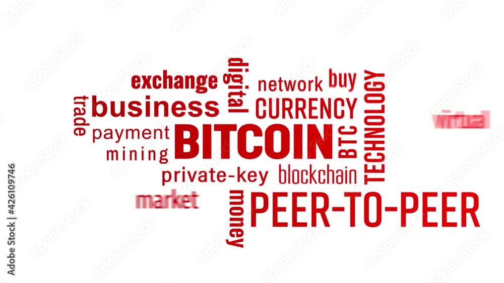 Video animation of a keyword cloud with red text over white background - Bitcoin - digital cryptocurrency Video animation of a keyword cloud with red text over white background - Bitcoin - digital cryptocurrency
