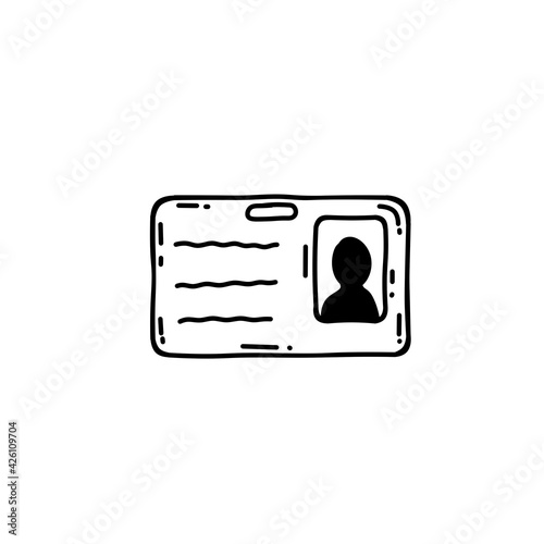 Badge and ID card. Identity of the reporter and the employee. Sketch cartoon. Doodle plastic card with photo and information