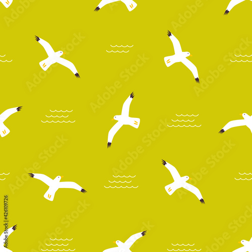 Seamless pattern with seagulls and waves. Vector illustration.