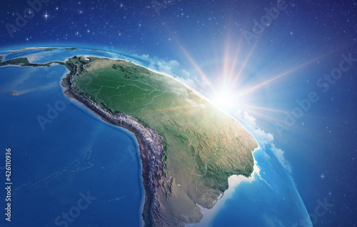 Sunrise through clouds, upon a high detailed satellite view of Planet Earth, focused on South America, Amazon rainforest and Brazil. 3D illustration - Elements of this image furnished by NASA
