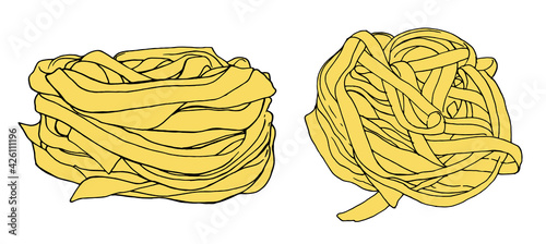 Fettuccine Pasta Noodles Vector Illustration-Hand Drawn-Outline Black Yellow Isolated set of Elements Top view and Side view noodle nest on white background for label design template, packaging, menu