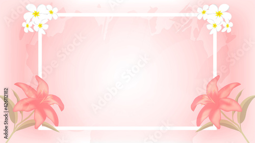 Lilies and frangipani In the corner of the  frame and pink background. Vector work for making wedding cards. Or publications