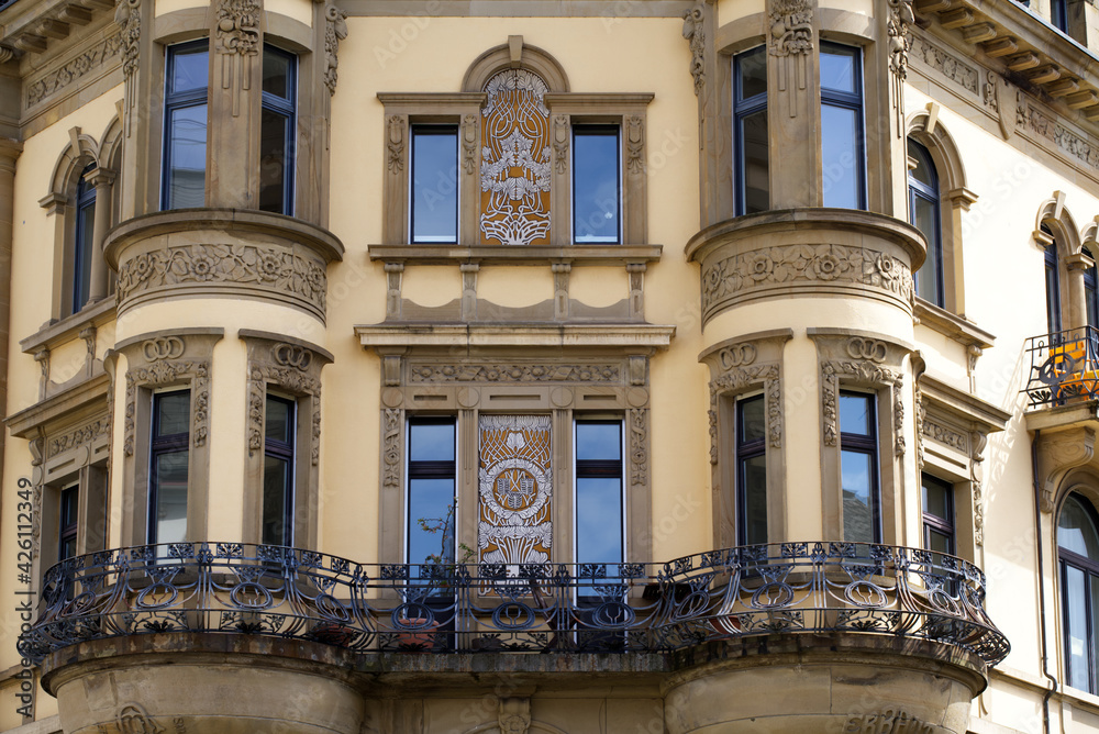 Ornaments at facade of apartment building. Photo taken April 7th, 2021, Zurich, Switzerland.