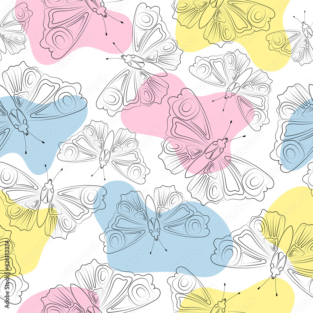 Seamless pattern with outline butterflies and colorful shapes on white background. Hand drawn decorative endless background Seamless pattern with outline butterflies and colorful shapes on white background. Hand drawn decorative endless background