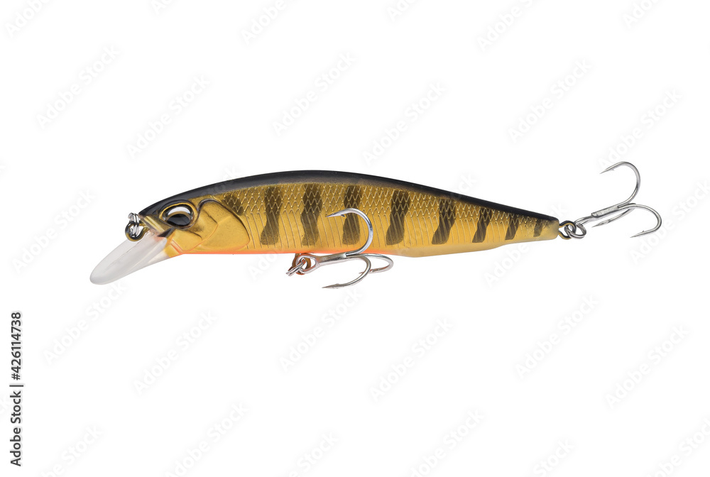 Wobbler with hooks for fishing as bait for fish, which is used for spinning. Fishing tackle for a fisherman. Wobbler with hooks for fishing as bait for fish, which is used for spinning. Fishing tackle for a fisherman.