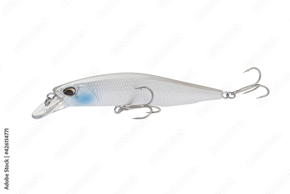 Wobbler with hooks for fishing as bait for fish, which is used for spinning. Fishing tackle for a fisherman. Wobbler with hooks for fishing as bait for fish, which is used for spinning. Fishing tackle for a fisherman.