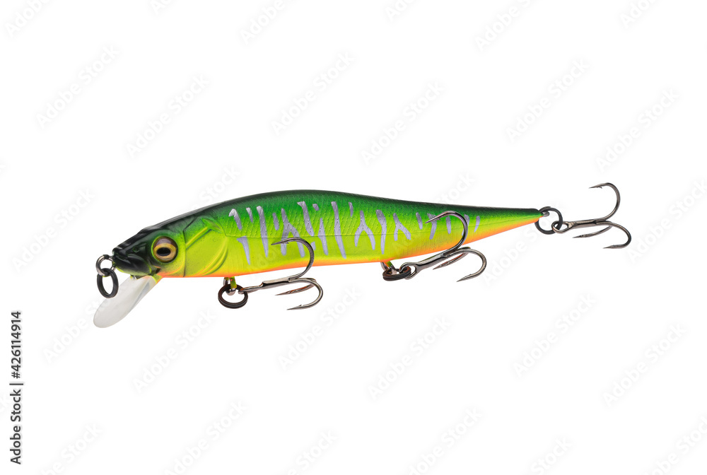 Wobbler with hooks for fishing as bait for fish, which is used for spinning. Fishing tackle for a fisherman. Wobbler with hooks for fishing as bait for fish, which is used for spinning. Fishing tackle for a fisherman.