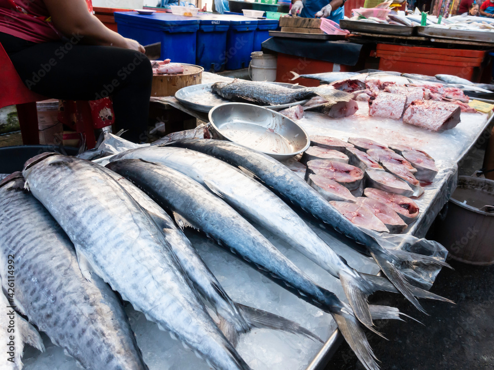 Seafood fish sold in fresh markets, street food in Thailand.
