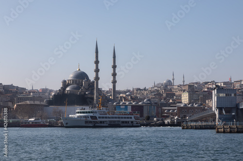 The Karakoy Pier in Istanbul offers views of the Golden Horn Bay and the Suleymaniye Grand Mosque. Nice day for sea walking in through the Golden Horn and Bosphorus straits on the sea transport.