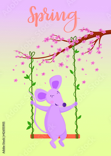 the mouse sits on a swing under a tree with flowers