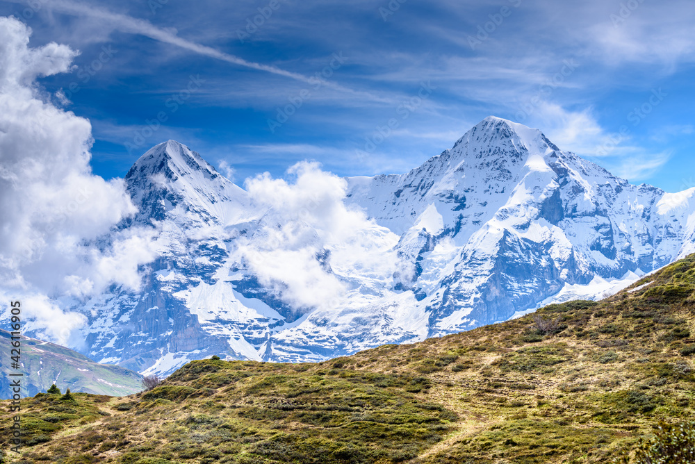 Fototapeta premium The Swiss Alps at Murren, Switzerland. Jungfrau Region. The valley of Lauterbrunnen from Interlaken.