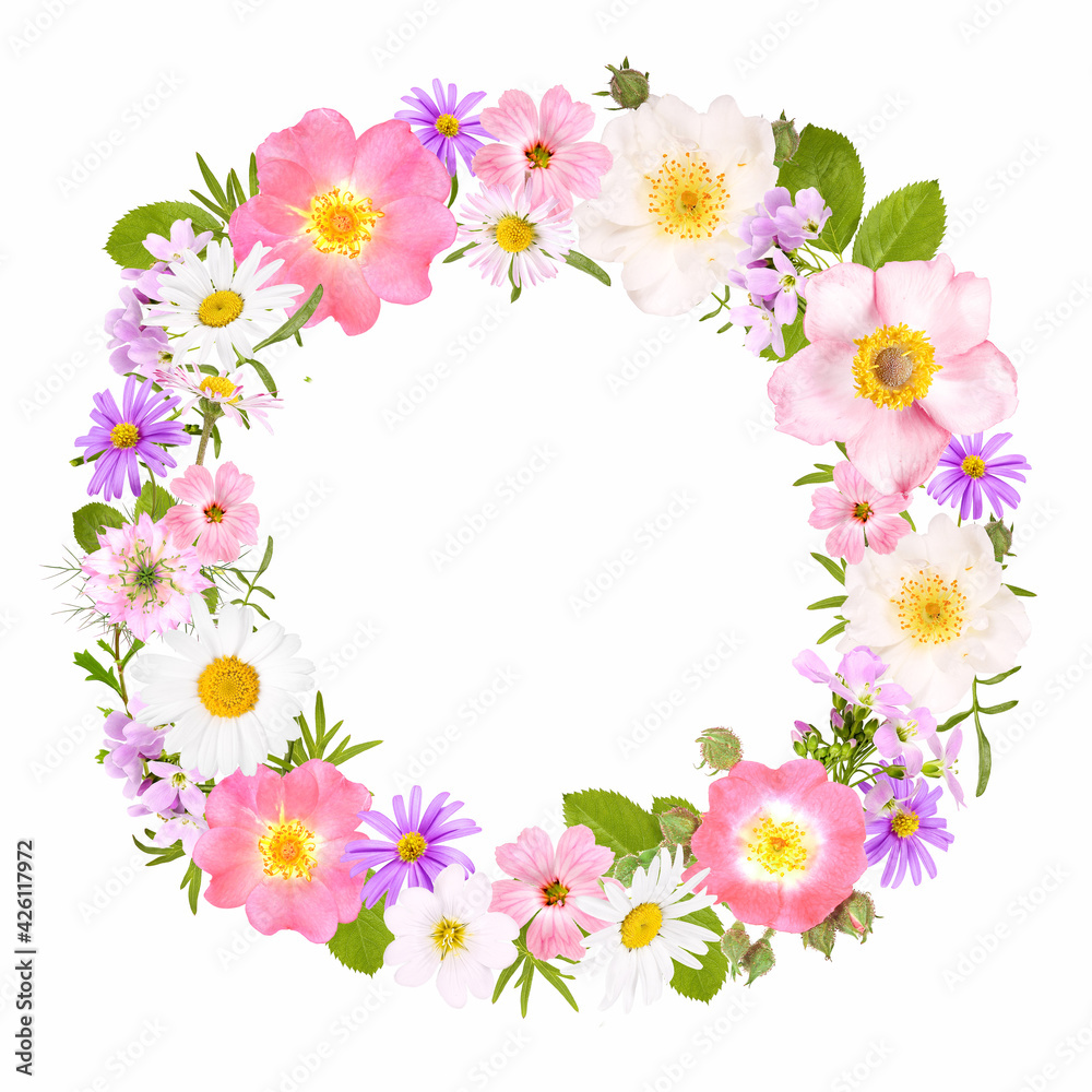 Flower wreath with roses, daisies and other flowers