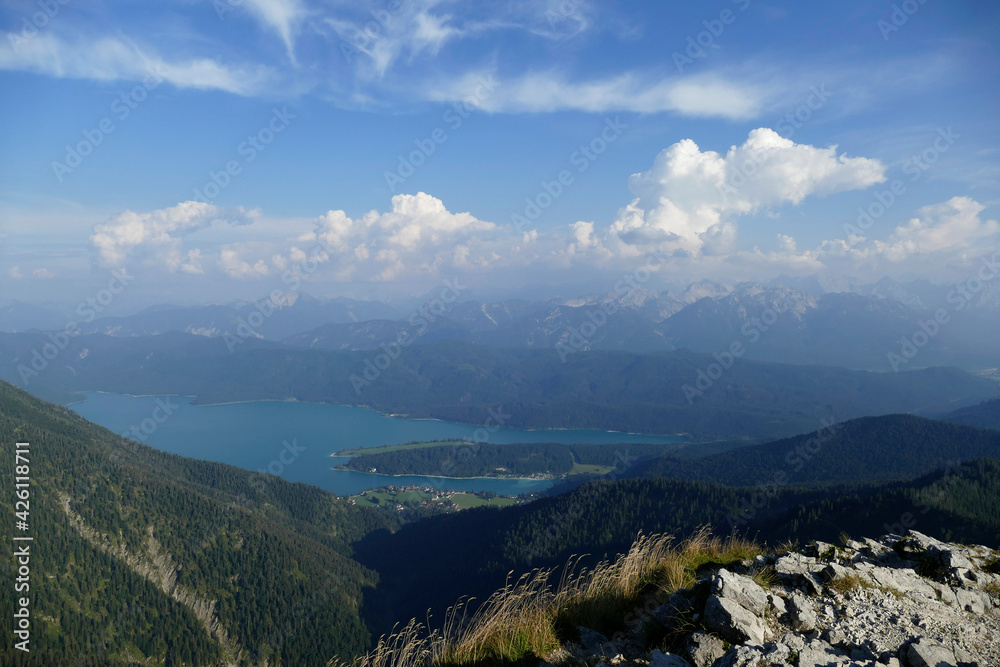 Fototapeta premium Scenic landscape panorama Martinskopf mountain and lake Walchensee in Bavaria, Germany