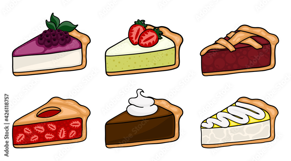 Cute cartoon pie slices set. Layered sponge cakes with fruit and chocolate, cheesecake, pie. Cute cartoon pie slices set. Layered sponge cakes with fruit and chocolate, cheesecake, pie.