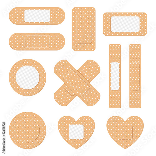 Adhesive plaster. Creative vector illustration of adhesive bandage elastic medical plasters set isolated on white background. Art design medical elastic patch.