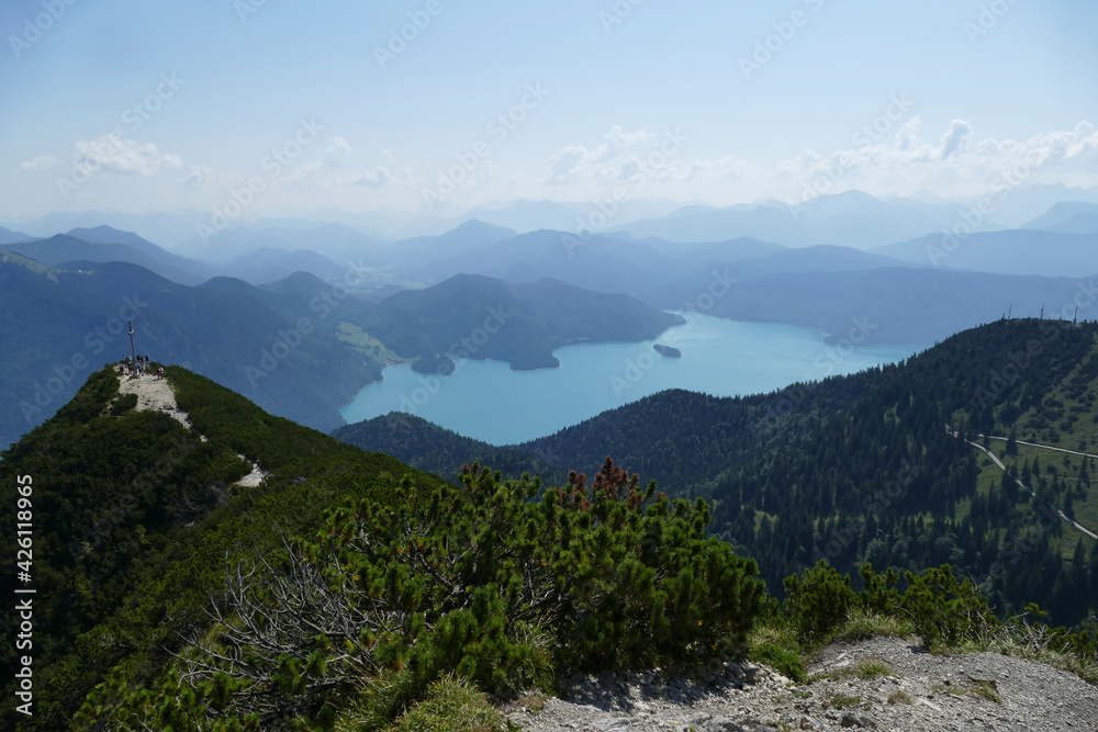 Scenic landscape panorama Martinskopf mountain and lake Walchensee in Bavaria, Germany