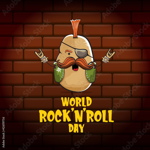 World rock n roll day poster with potato cartoon character isolated on brick wall background. Rock n roll day poster design template