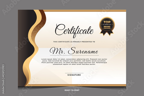 Certificate of appreciation template, gold and blue color. Clean modern certificate with gold badge. 