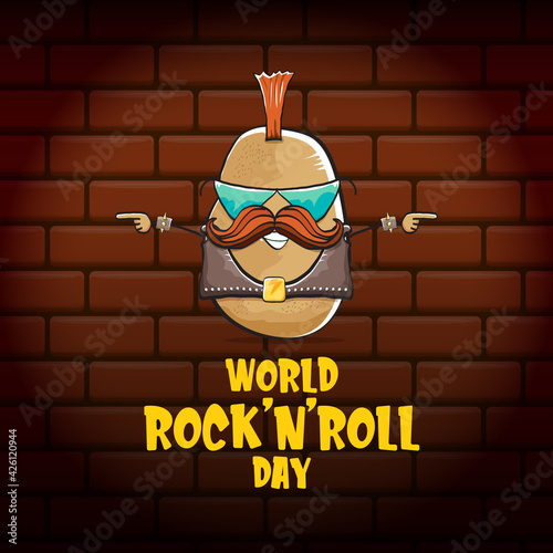 World rock n roll day poster with potato cartoon character isolated on brick wall background. Rock n roll day poster design template