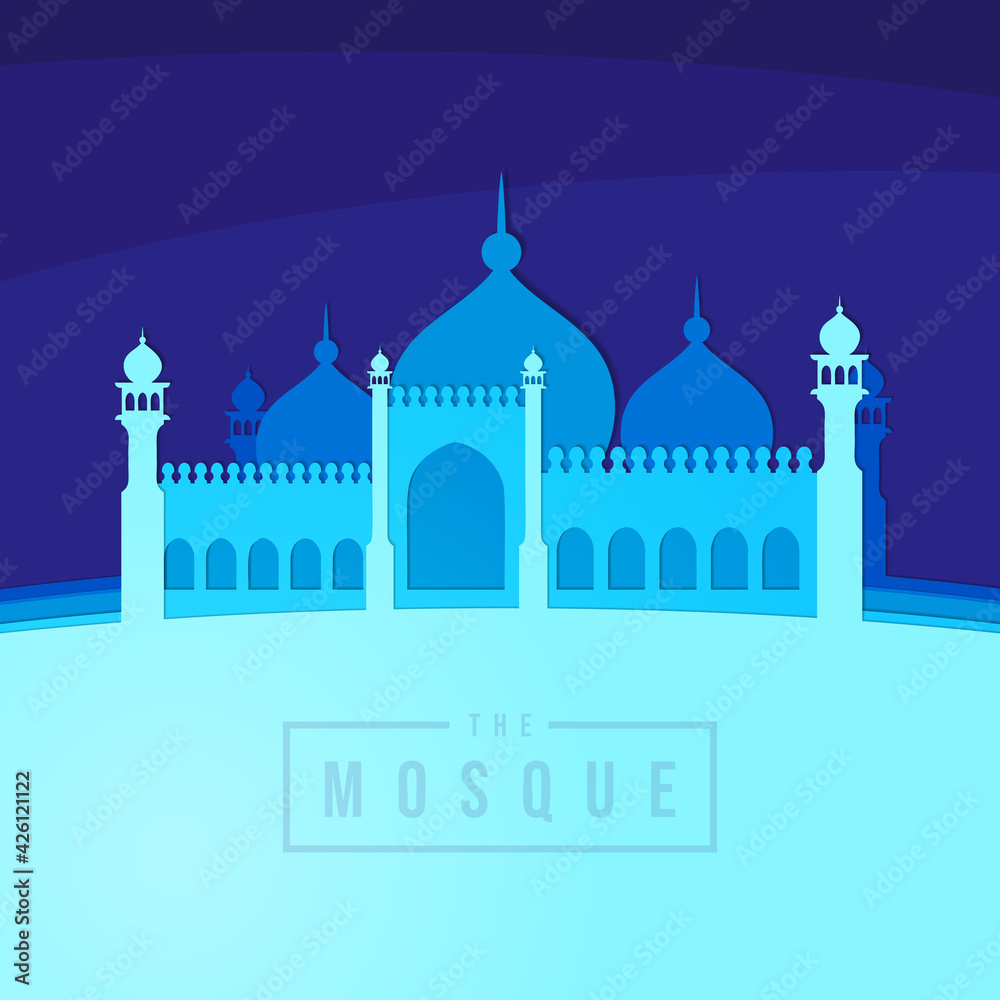 Blue papercut mosque background for islamic events