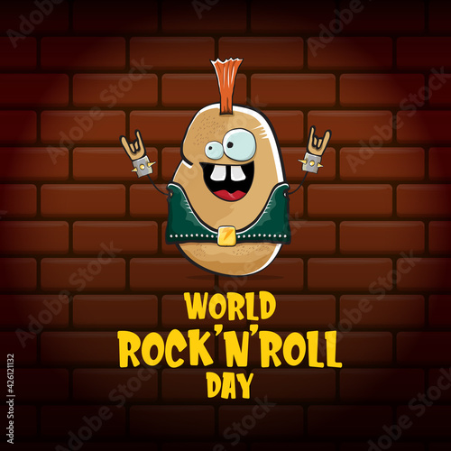 World rock n roll day poster with potato cartoon character isolated on brick wall background. Rock n roll day poster design template