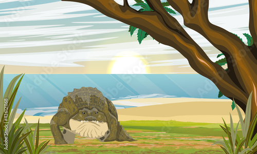Nile crocodile Crocodylus niloticus walks along the river bank into the tropics with branched trees and other plants. Realistic vector landscape