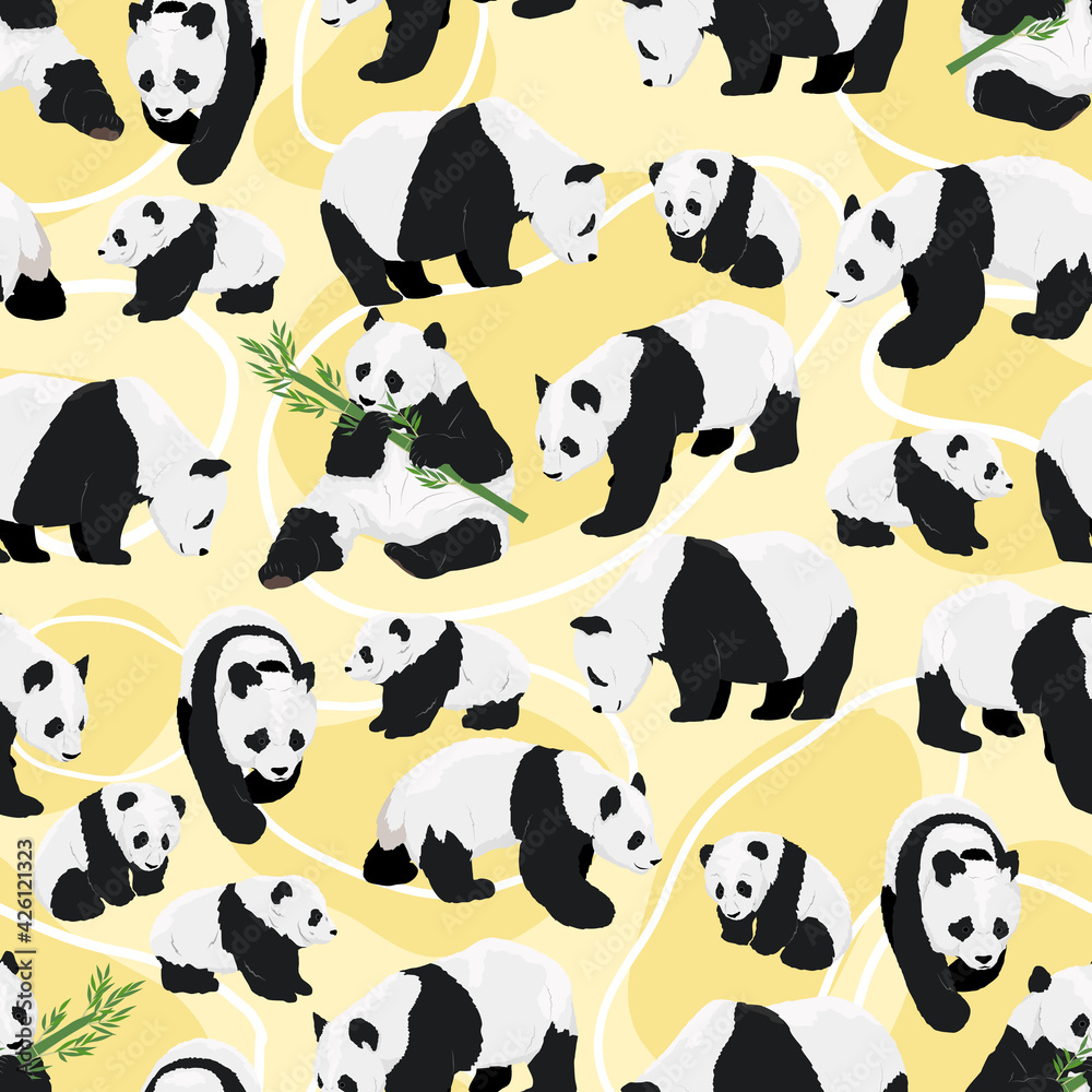 Seamless pattern with realistic adult giant pandas bears and their cubs. Ailuropoda melanoleuca. Animals of China. Vector illustration Seamless pattern with realistic adult giant pandas bears and their cubs. Ailuropoda melanoleuca. Animals of China. Vector illustration