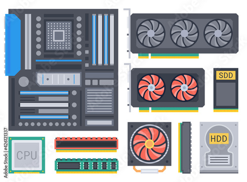 Parts of Computer. Video Card, CPU, HDD, SDD, RAM, Ethernet card, Power Supply, Motherboard on the white background. Vector illustration.