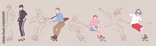 young man people surf skate and skateboard pose organic style flat design lineal vector set illustration.