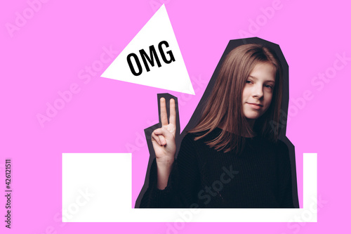 Magazine style collage of smiling girl showing victory sign with her hand and with speech bubble OMG on bright pink background with copy space