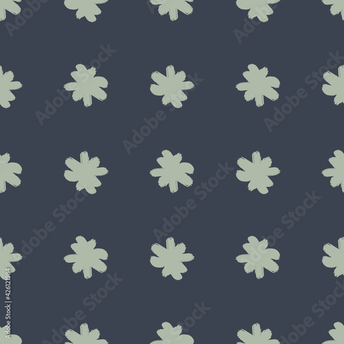 Seamless pattern in minimalistic style with abstract flower bud elements. Dark pale navy blue background.