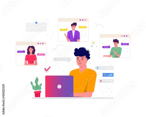 Concept of freelance, video conference, online meeting workspace. Design template freelancers taking with colleague for report, flyer, marketing, leaflet,  modern style vector © Tanyasun