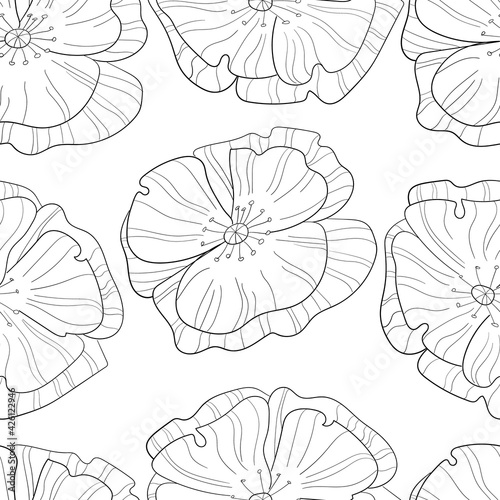 Seamless anemone pencil sketch pattern black on white background