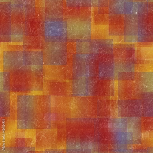 Seamless overlaid geometric shape pattern print. High quality illustration. Transparent rectangles filled with gradient colors scattered. Handmade paper texture overlay.